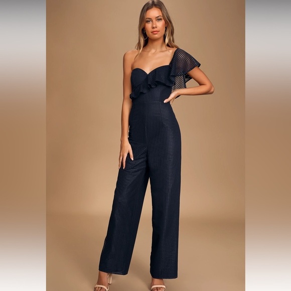 Lulus Pants - Lulu Off the Charts Navy Blue Grid Print Mesh One-Shoulder Jumpsuit